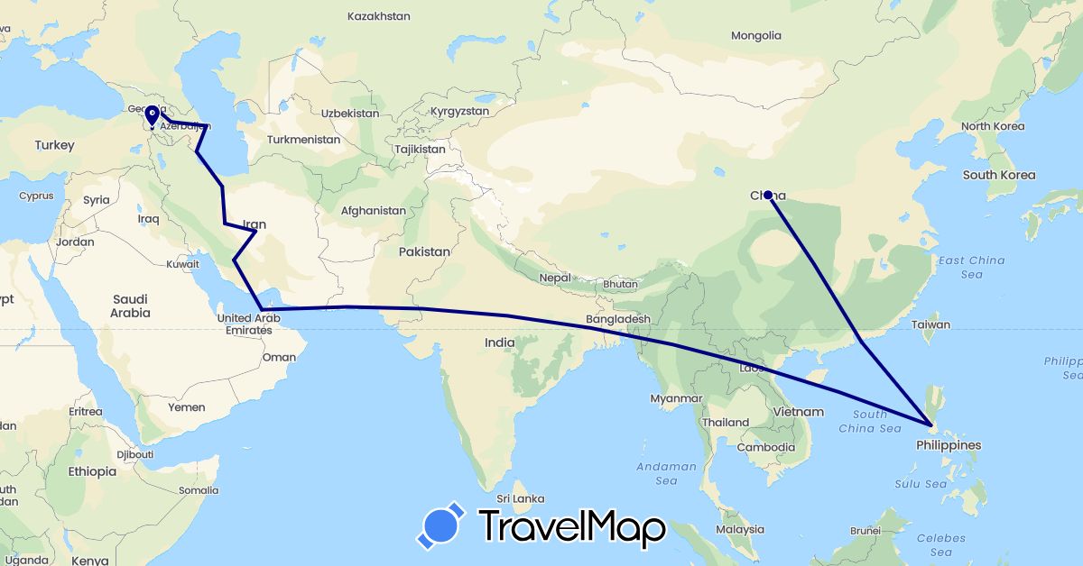 TravelMap itinerary: driving in United Arab Emirates, Armenia, Azerbaijan, China, Georgia, Iran, Philippines (Asia)